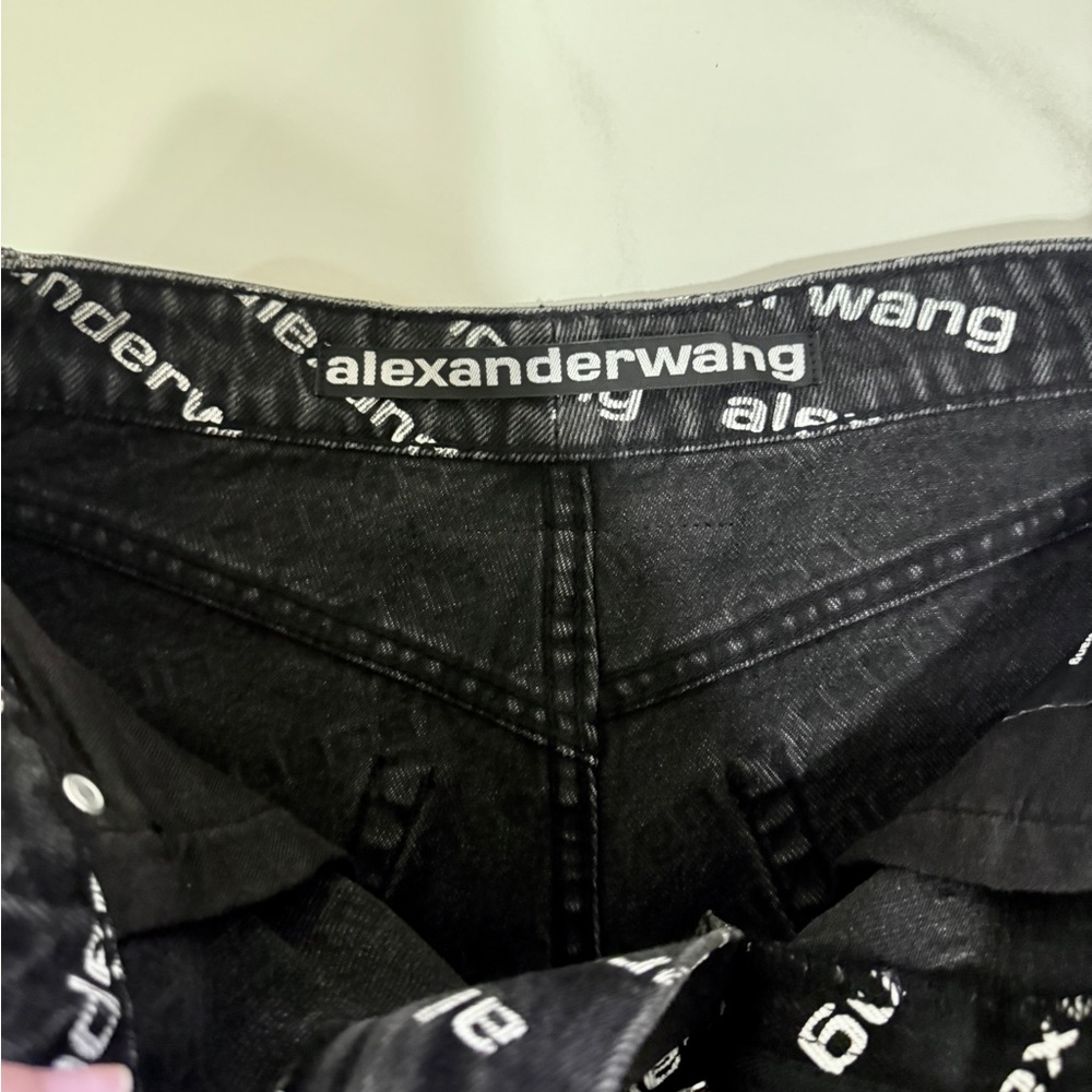 Alexander Wang Black Jean Shorts with Distressed Hem and Logo Print - Picture 4 of 5